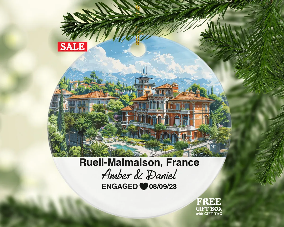 Personalized Rueil-Malmaison France Christmas Ornament, Château de Malmaison, Seine River, Mr & Mrs Wedding, Engagement, or Honeymoon Keepsake for Couples