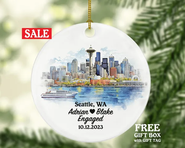 Seattle Washington Christmas Ornament Personalized, WA Engaged Married Family Together Couple Travel Honeymoon Wedding Engagement Marriage