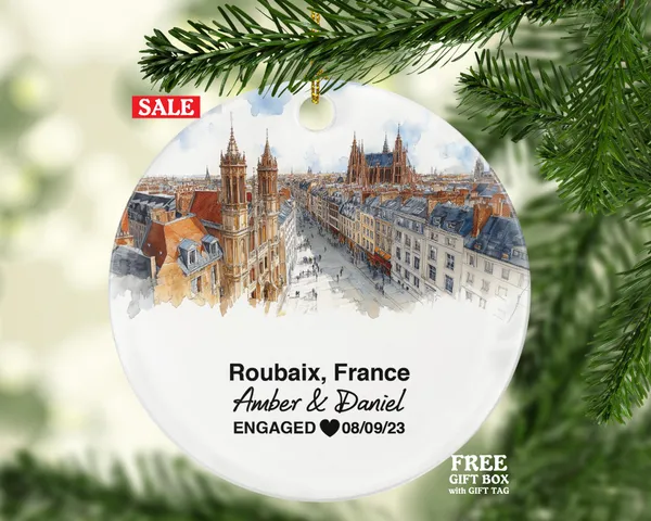 Personalized Roubaix France Christmas Ornament, La Piscine Museum, Grand Place, Mr & Mrs Wedding, Engagement, or Honeymoon Keepsake for Couples