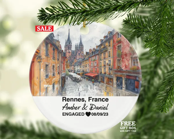 Personalized Rennes France Christmas Ornament, Parc du Thabor, Medieval Architecture, Mr & Mrs Wedding, Engagement, or Honeymoon Keepsake for Couples