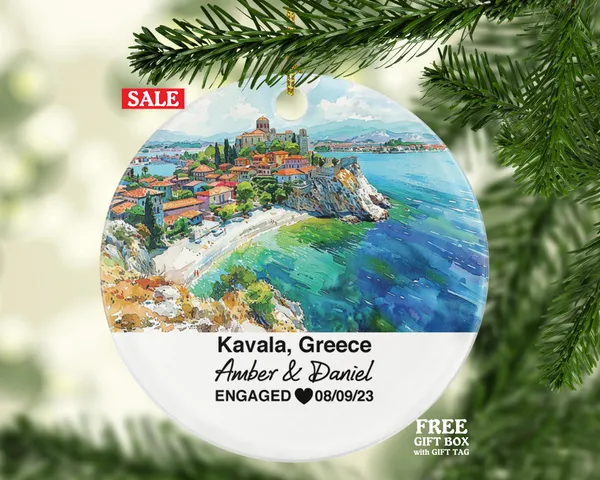 Kavala Greece Round Ceramic Christmas Ornament – Personalized Holiday Keepsake, Custom Couple Gift for Wedding or Honeymoon