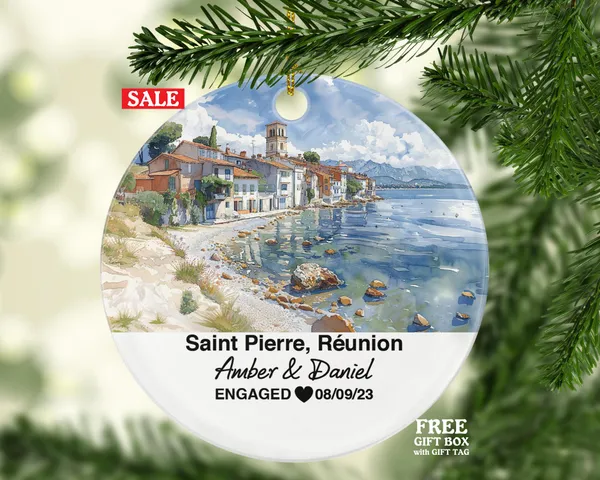 Personalized Saint-Pierre Réunion Christmas Ornament, Island Views, Colonial Architecture, Mr & Mrs Wedding, Engagement, or Honeymoon Keepsake for Couples