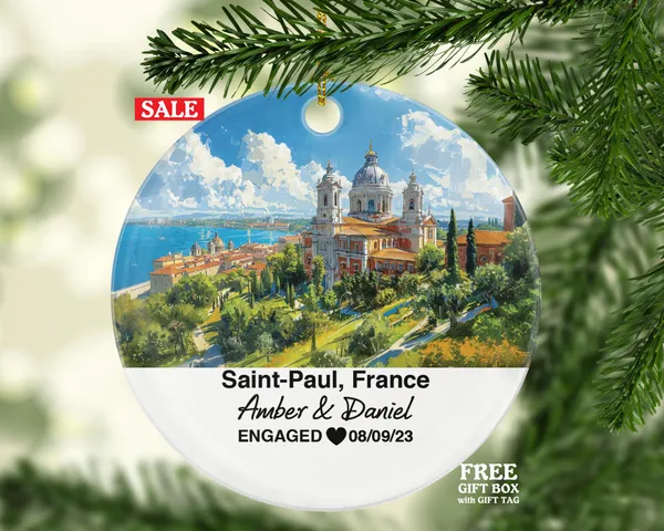 Personalized Saint-Paul France Christmas Ornament, Medieval Walls, Cobblestone Streets, Mr & Mrs Wedding, Engagement, or Honeymoon Keepsake for Couples