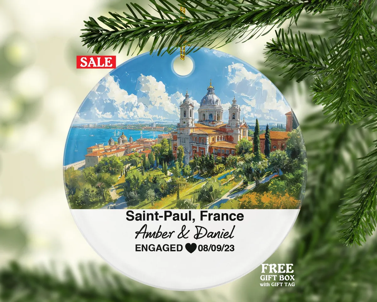 Personalized Saint-Paul France Christmas Ornament, Medieval Walls, Cobblestone Streets, Mr & Mrs Wedding, Engagement, or Honeymoon Keepsake for Couples