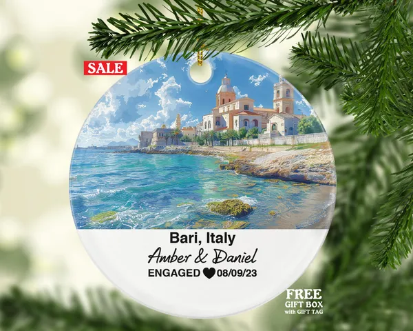 Personalized Bari Italy Christmas Ornament, Adriatic Sea, Norman Castle, Mr & Mrs Wedding, Engagement, or Honeymoon Keepsake for Couples