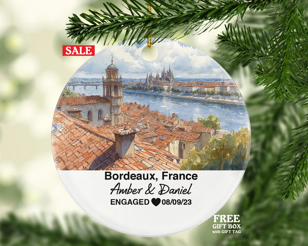 Personalized Bordeaux France Christmas Ornament, Custom Garonne River Gift, Mr & Mrs Wedding, Engagement, or Honeymoon Keepsake for Couples