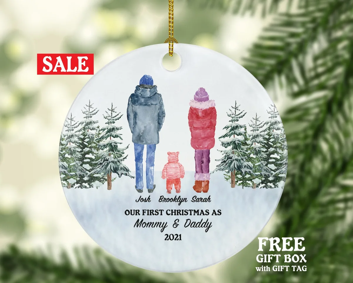 Our First Christmas as Mommy and Daddy Ornament New Baby Girl Boy Parents Mother Father Mom Dad Gift Watercolor Winter Portrait Kid Child
