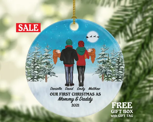 First Christmas as Mommy and Daddy of Twins Infants Ornament - New Babies Parents Mother Father Mom Dad Gift Kid Child Our Family of 4