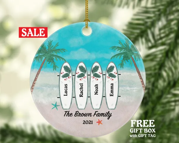 Surfboard Family Personalized Christmas Ornament - Family of 3 4 5 6 Surf board Three Four Five Six Custom Name Palm Tree Beach Sea