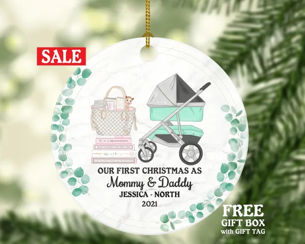 First Christmas as Mommy and Daddy Ornament - New Baby Girl Boy Parents Mother Father Mom Dad Gift Kid Child Infant Our Family of 3