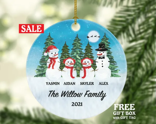 Snowmen Family of 4 Personalized Ornament - First Christmas New Baby Girl Boy Parents Mother Father Mom Dad Gift Kid Child Gift