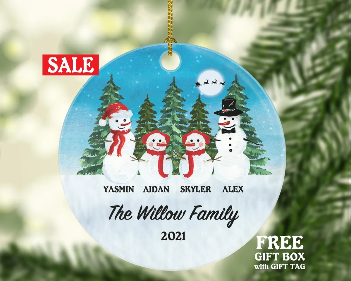 Snowmen Family of 4 Personalized Ornament - First Christmas New Baby Girl Boy Parents Mother Father Mom Dad Gift Kid Child Gift