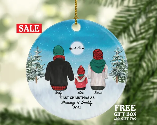 First Christmas as Mommy and Daddy Personalized Ornament - New Baby Parents Mother Father Mom Dad Gift Kid Child Infant Our Family of 3