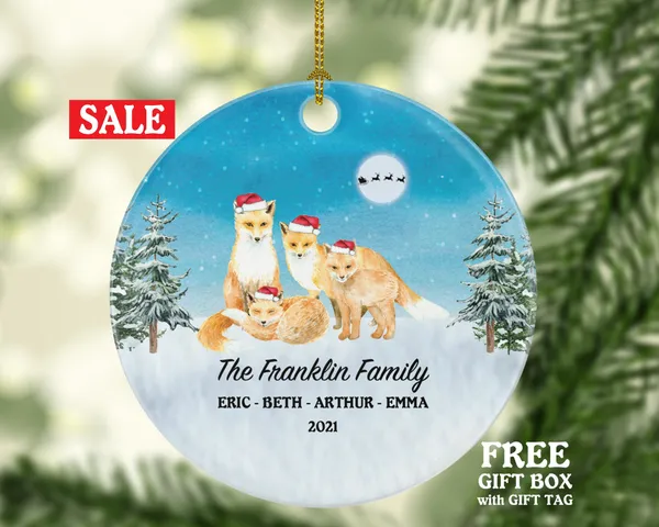 Personalized Family of 4 Christmas Ornaments Fox Foxes Family Custom Names Watercolor Family of Four First Ornament Gift for with Kids Xmas