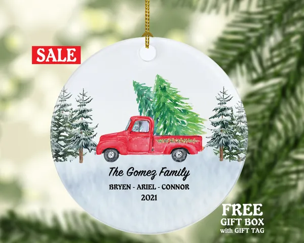 Personalized Red Pickup Truck Family Christmas Ornament - Vintage Red Pick up Car Gift Custom Ornament With Name Road Trip - Farmhouse Decor