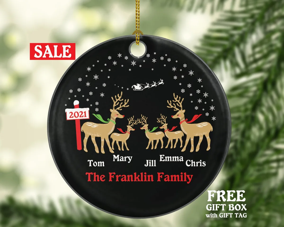 Family of 5 Personalized Christmas Ornament - Five Xmas Reindeer Deer Mother Father New Baby Girl Boy Children Kids Wife Husband Name Gifts