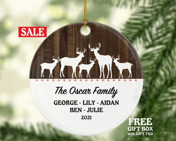 Family of 2 3 4 5 Personalized Christmas Ornament - Two Three Four Five Child Custom Rustic Farmhouse Big Deer Reindeer Family