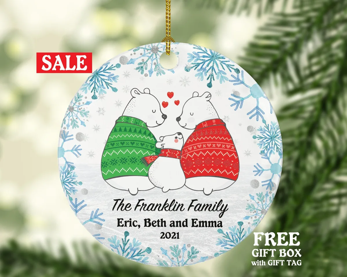 Family of 3 Christmas Ornament Personalized - Bear Family Custom Names  of Three First Ornament Gift with Kids Xmas