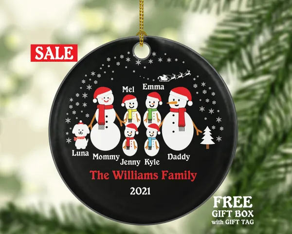 Personalized Family of 6 Christmas Ornaments with Dog Pet, Snowman Family Christmas Ornaments, 6 Snowmen Christmas Ornament, Big Family