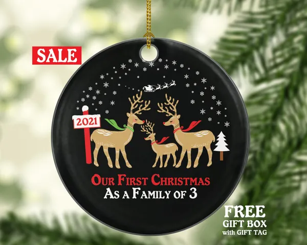 First Christmas As A Family Of 3 Three Ornament - Baby Girl Boy New Deer Reindeer Kids Children Mom Dad Mommy Daddy Girl Boy Father Mother
