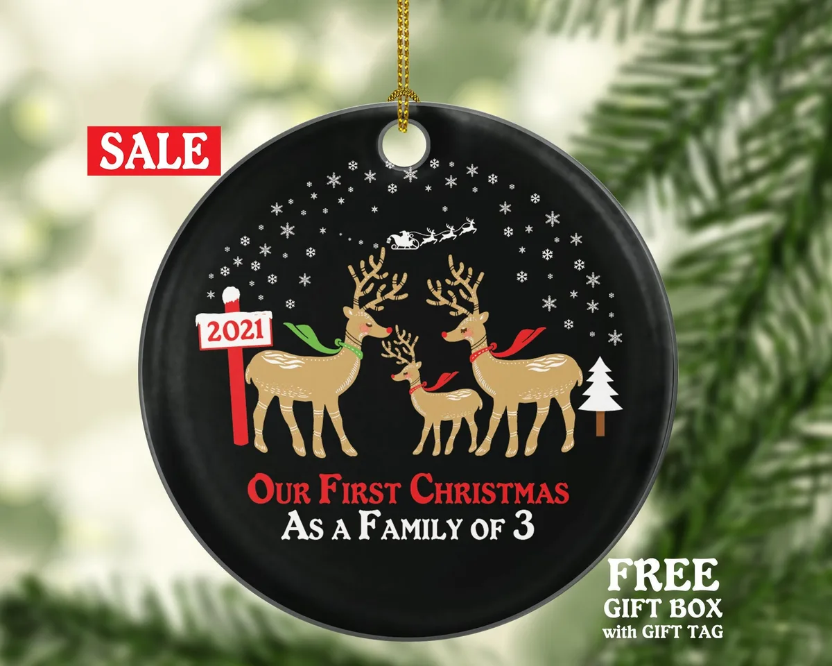 First Christmas As A Family Of 3 Three Ornament - Baby Girl Boy New Deer Reindeer Kids Children Mom Dad Mommy Daddy Girl Boy Father Mother