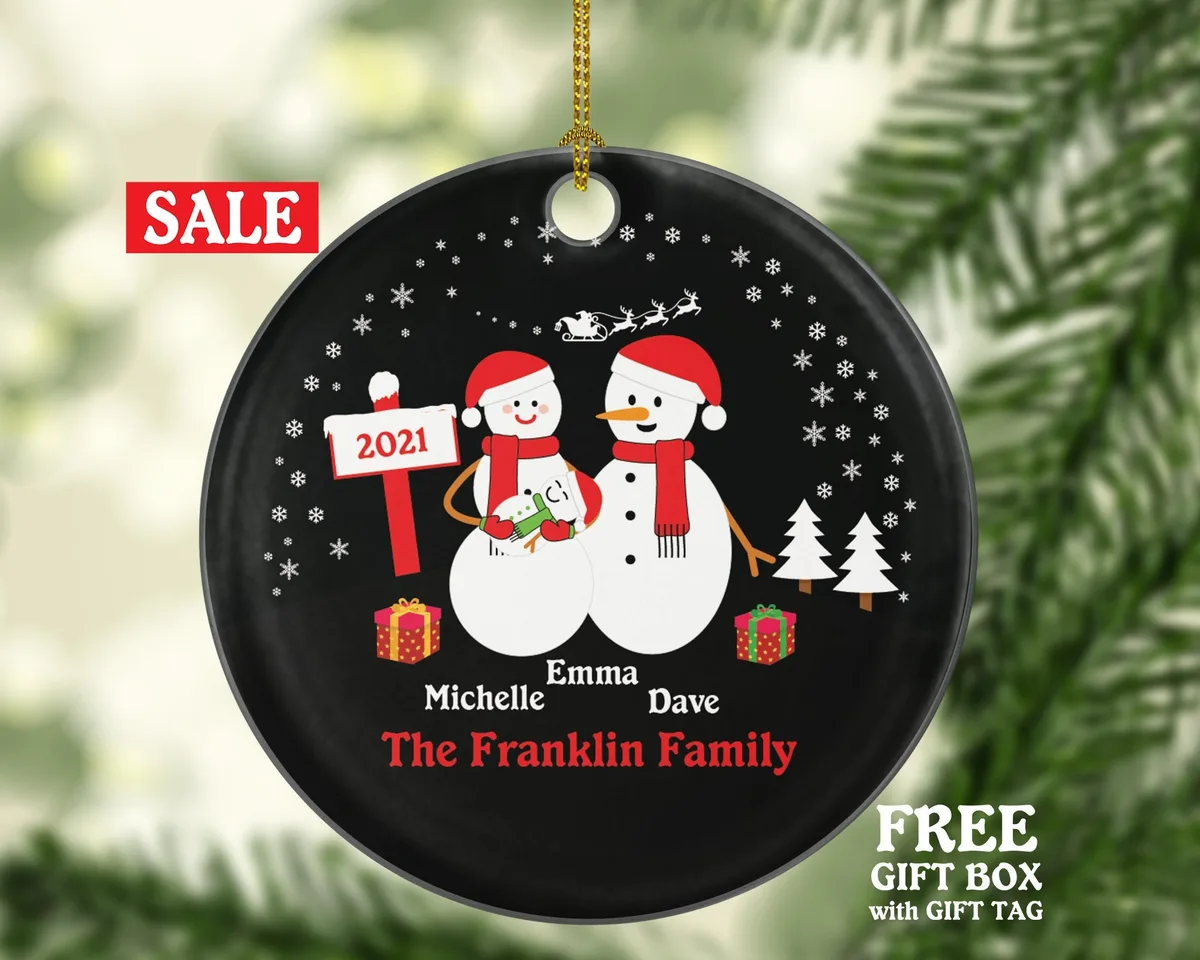 Personalized Family of 3 Three Christmas Snow Snowmen Snowman Kids Children Mom Dad New Mommy Daddy Baby Girl Boy Father Mother Newborn