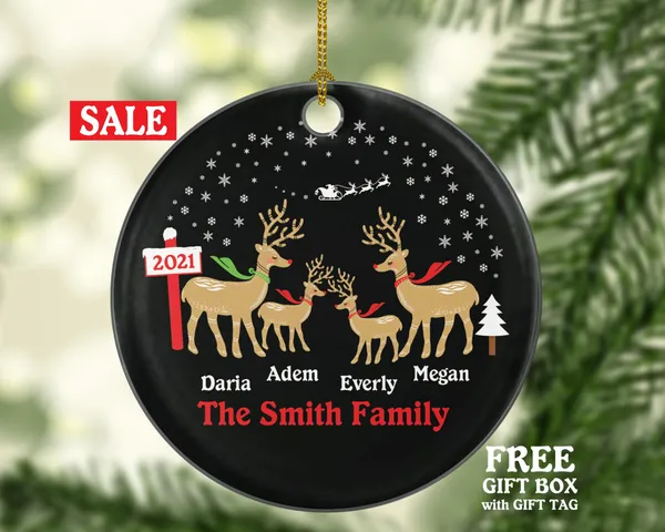 Family of 4 Personalized Christmas Ornament Four Xmas Reindeer Deer Mother Father New Baby Girl Boy Children Kids Wife Husband Name Gift