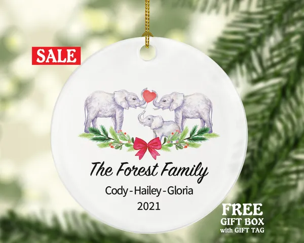 Family of 3 Personalized Ornament - First Christmas Elephant Family New Baby Girl Boy Parents Mother Father Mom Dad Gift Kid Child