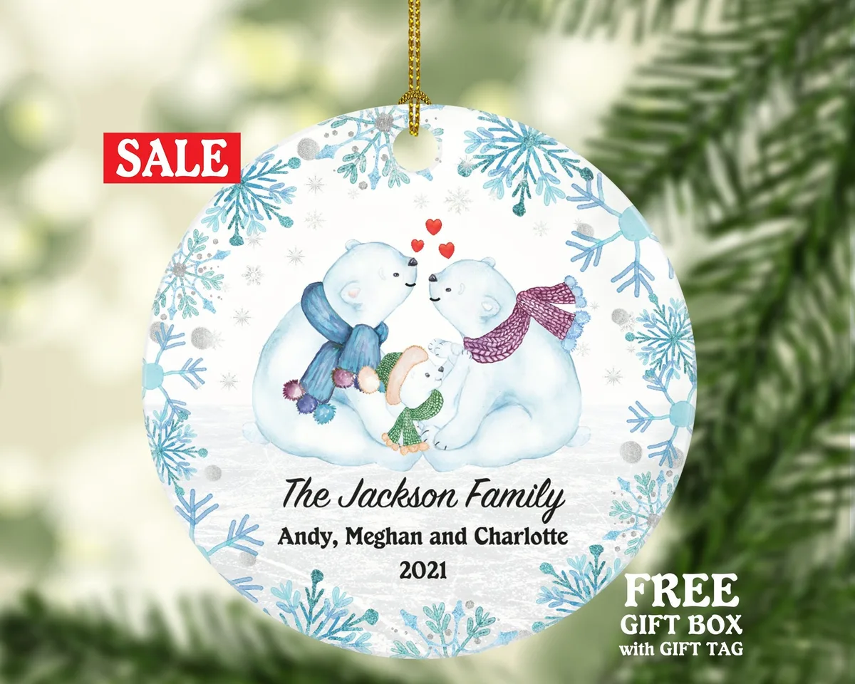 Family of 3 Personalized Ornament - First Christmas Bear New Baby Girl Boy Parents Mother Father Mom Dad Gift Kid Child