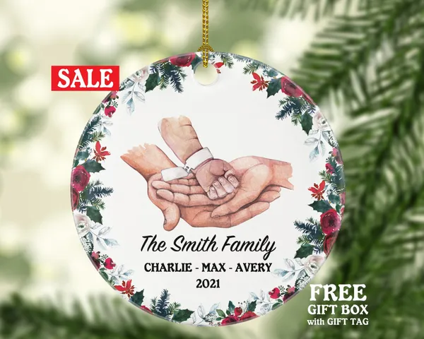 Newborn Infant Baby Family of 3 Christmas Ornament - Personalized Our First Ornament Custom Names for Three Gift for Family with Hands