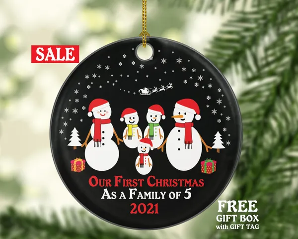 Our First Christmas As A Family Of 5 Five Ornament Snowmen Snowman Kids Children Mom Dad New Mommy Daddy Baby Girl Boy Father Mother Newborn