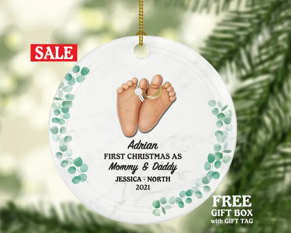 First Christmas as Mommy and Daddy Ornament - New Baby Girl Boy Parents Mother Father Mom Dad Our Family Gift Infant Feet with Rings