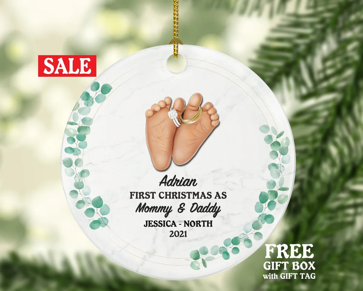 First Christmas as Mommy and Daddy Ornament - New Baby Girl Boy Parents Mother Father Mom Dad Our Family Gift Infant Feet with Rings