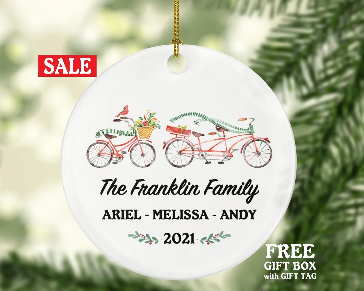 Family of 3 Personalized Christmas Ornament - Bicycle Bike Tandem Customized Holiday Gift Custom Names Outdoor Activity Mother Father Child