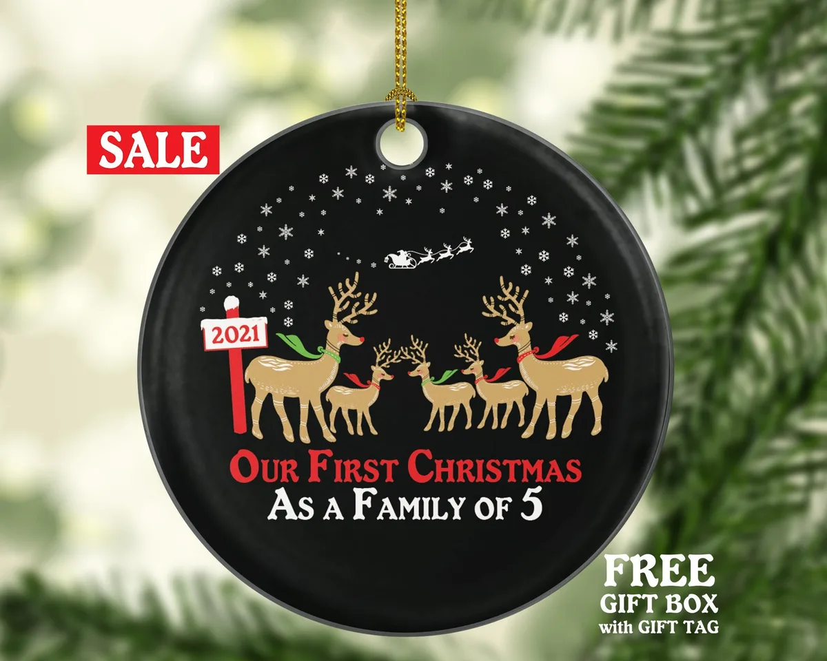 Our First Christmas As A Family Of 5 Five Ornament - Deer Reindeer Kids Children Mom Dad New Mommy Daddy Baby Girl Boy Father Mother Newborn