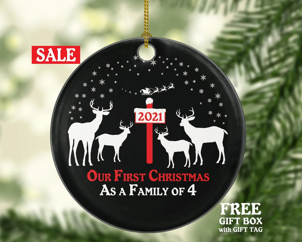 Our First Christmas As A Family Of 4 Four Ornament Deer Reindeer Kids Children Mom Dad New Mommy Daddy Baby Girl Boy Father Mother Newborn