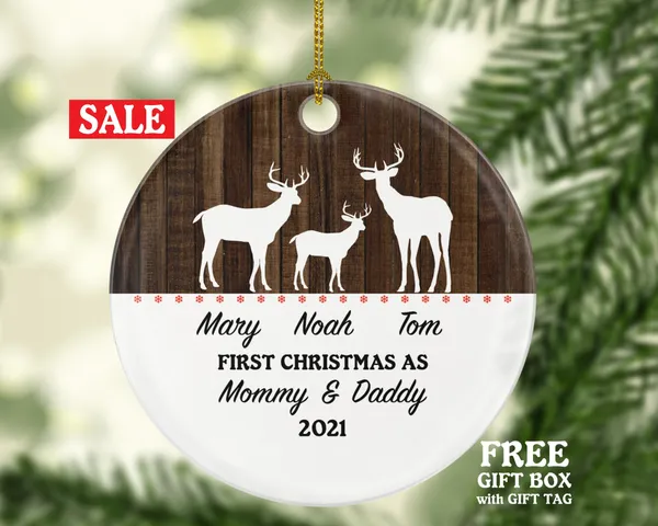 Our First Christmas as Mommy and Daddy Ornament New Baby Girl Boy Parents Mother Father Mom Dad Gift Deer Reindeer Kid Child Winter Xmas