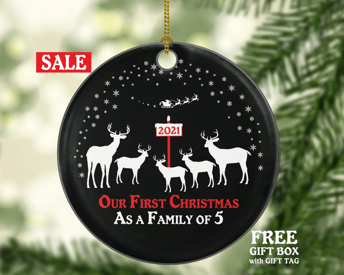 Our First Christmas As A Family Of 5 Five Ornament Deer Reindeer Kids Children Mom Dad New Mommy Daddy Baby Girl Boy Father Mother Newborn