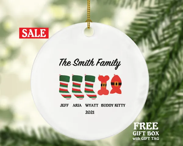 Family Personalized Christmas Ornament - Stockings Christmas Socks Holiday Gift Custom Names Family of 2 3 4 5 - Pet Cat Dog Family