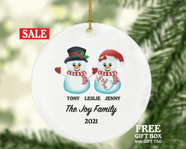 Family of 3 Christmas Ornament Personalized - Parents Mother Father Child Girl Boy Mom Dad Gift - Snowmen Family with Infant