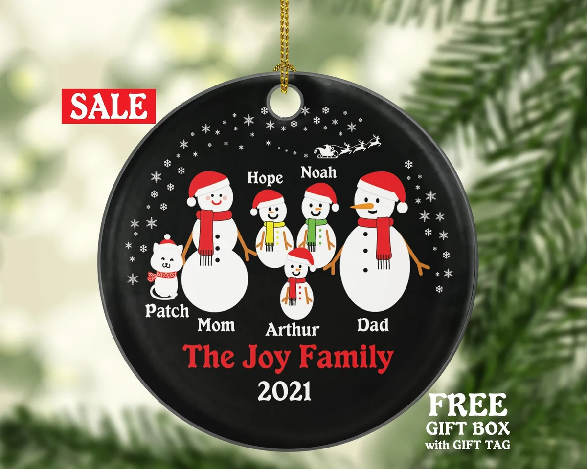 Personalized Christmas Ornament with Cat Pet Fur Family Owner Lover Snowmen Snowman Big Family of 5 Five Cat Mom Dad Kids Children Custom
