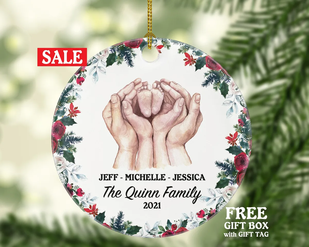Personalized Family of 3 Christmas Ornament - Our First Ornament Custom Names for Three Gift for Family with Newborn Infant Foots in Hands