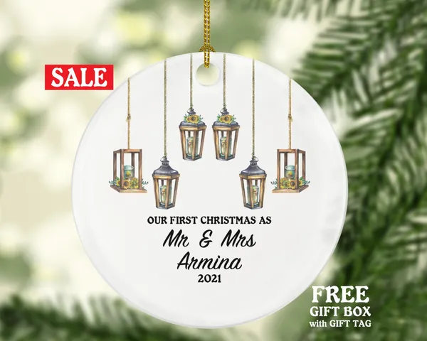 Our First Christmas as Mr & Mrs Couple Personalized Ornament - Newlywed Mr. and Mrs. Rustic Lights Wedding Couple Just Married Marriage Gift