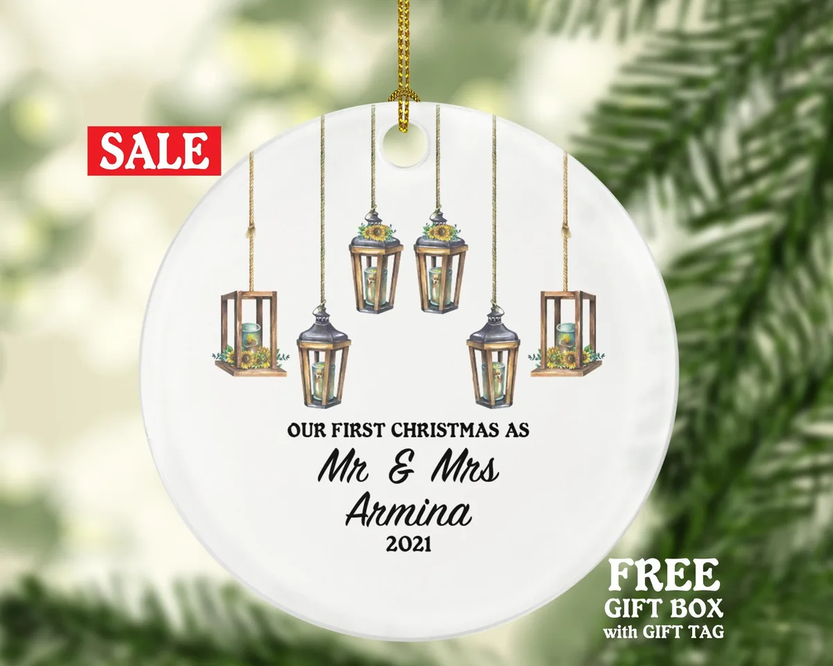 Our First Christmas as Mr & Mrs Couple Personalized Ornament - Newlywed Mr. and Mrs. Rustic Lights Wedding Couple Just Married Marriage Gift