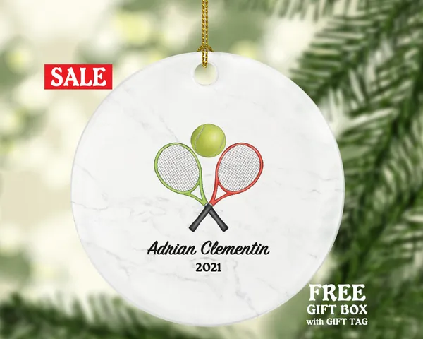 Tennis Player Racket with Ball Gamer Christmas Ornament - Personalized Sports Custom Name Gift Coach Team Hobby Fan Gift