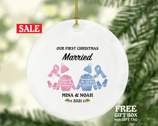 First Christmas Married Christmas Ornament - Personalized As Mr & Mrs Newlywed Wedding First Gift for a Couple Winter Outfits