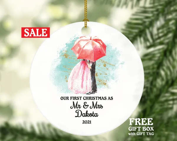 Our First Christmas as Mr & Mrs Couple Personalized Ornament - Newlywed Mr. and Mrs. Wedding Couple Love Umbrella Just Married Marriage Gift