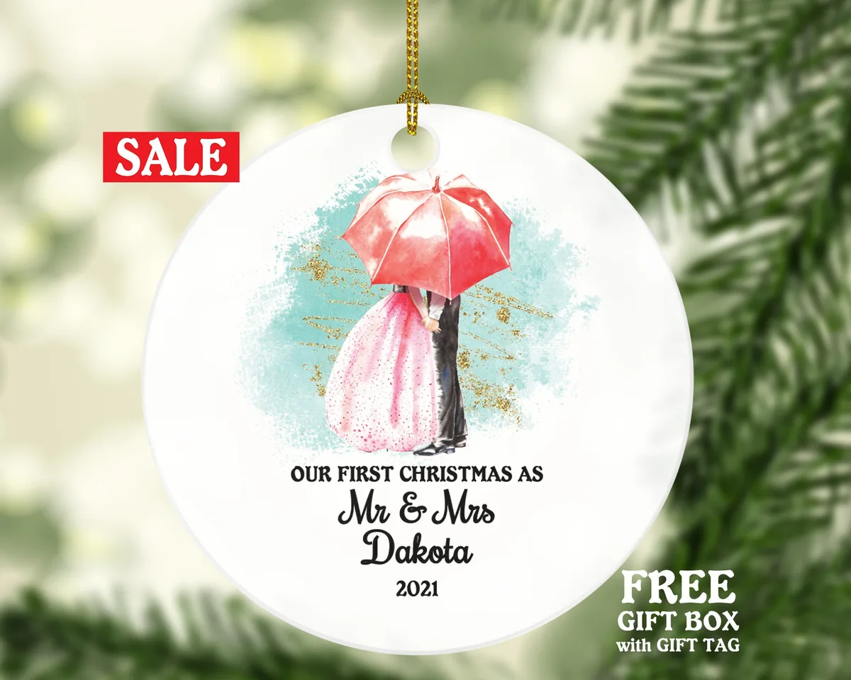 Our First Christmas as Mr & Mrs Couple Personalized Ornament - Newlywed Mr. and Mrs. Wedding Couple Love Umbrella Just Married Marriage Gift