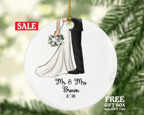 Mr & Mrs Wedding Couple Christmas Ornament Personalized - Newlywed Married Couple Our First Christmas Mr and Mrs. Gift - Bride Groom