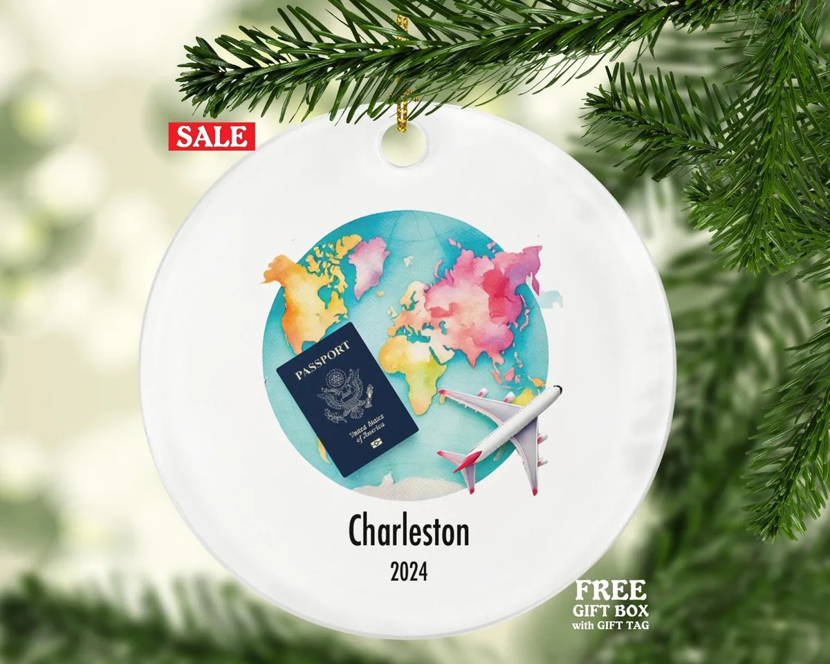 Traveler Christmas Ornament Personalized - Vacation Travel Lover Gift For International Traveler - Passport Plane Map - Custom Name Year